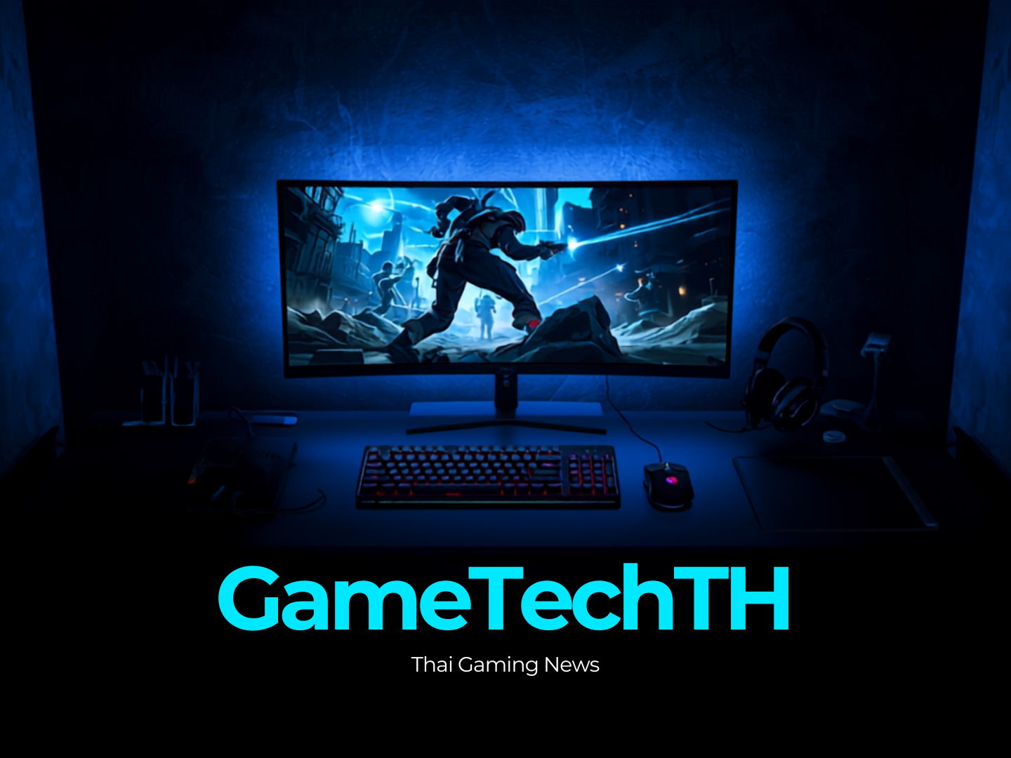 cinematic gaming setup with tagline overlay